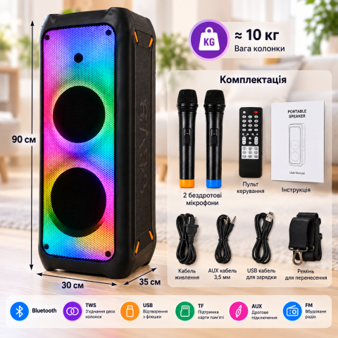 Портативна акустична система ZPX ZX-7779 400 Вт  / Бездротова колонка з LED-підсвіткою + 2 бездротові мікрофони — 4