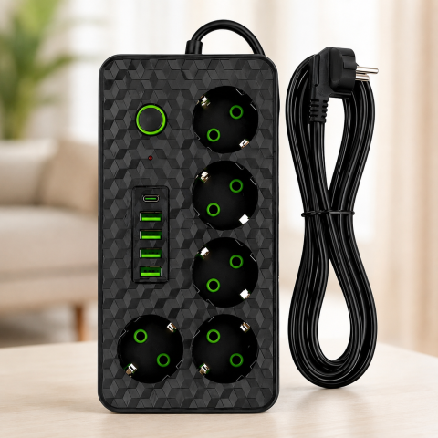 Чорний Мережевий фільтр на 5 розеток HG-2505 / Подовжувач на 2м 4×USB+Type-C чорний / Фільтр мережевий 2500Вт — 5