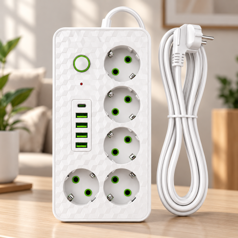Белый Сетевой фильтр на 5 розеток HG-2505 / Удлинитель на 2м 4×USB+Type-C черный / Фильтр сетевой 2500Вт — 1