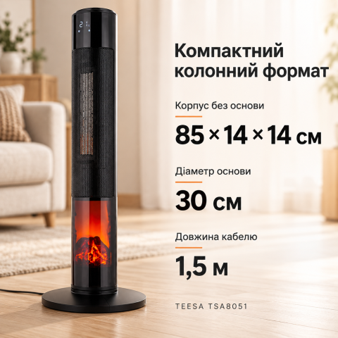 Керамічний колонний тепловентилятор TEESA TSA8051 / Тепловентилятор з ефектом каміна, дисплеєм + пульт ДК 2000 Вт — 2