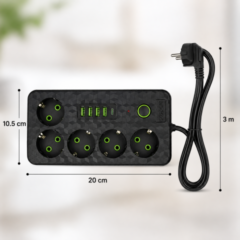 Чорний Мережевий фільтр на 5 розеток HG-2505 / Подовжувач на 2м 4×USB+Type-C чорний / Фільтр мережевий 2500Вт — 8