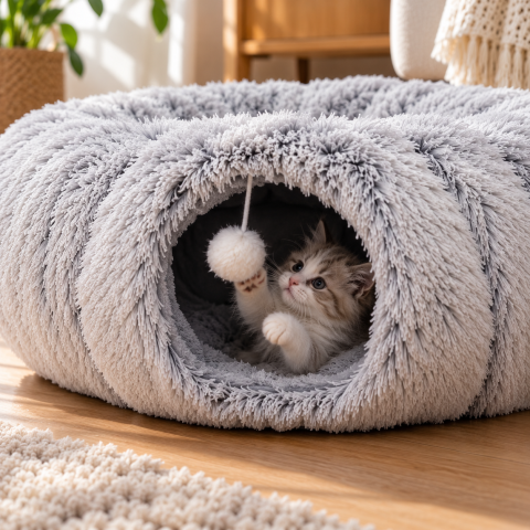 Лежанка для кошек и собак / Домик 3в1 с игровым туннелем 84×26 см — 4