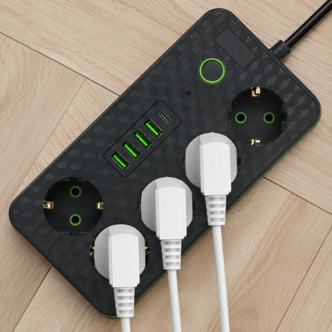 Чорний Мережевий фільтр на 5 розеток HG-2505 / Подовжувач на 2м 4×USB+Type-C чорний / Фільтр мережевий 2500Вт — 6