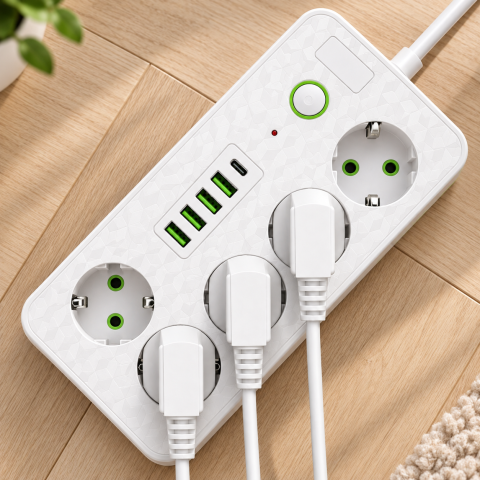 Белый Сетевой фильтр на 5 розеток HG-2505 / Удлинитель на 2м 4×USB+Type-C черный / Фильтр сетевой 2500Вт — 2