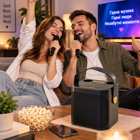 Портативная караоке Bluetooth-колонка Koleer+2 беспроводных микрофона 100 Вт — 3