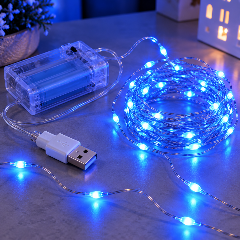 Гирлянда 30 LED 3 м на медной проволоке «Капля росы» / Гирлянда Роса 2в1 Battery + USB Синий — 4
