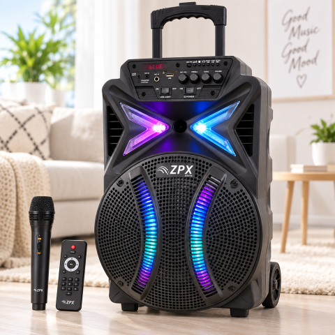 Портативна акустична система ZPX ZX-7780 12" Bluetooth, USB, TF/SD, FM Переносна акумуляторна колонка з RGB LED-підсвіткою + мікрофон і пульт — 1