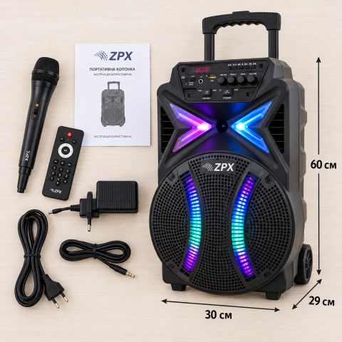 Портативна акустична система ZPX ZX-7780 12" Bluetooth, USB, TF/SD, FM Переносна акумуляторна колонка з RGB LED-підсвіткою + мікрофон і пульт — 4