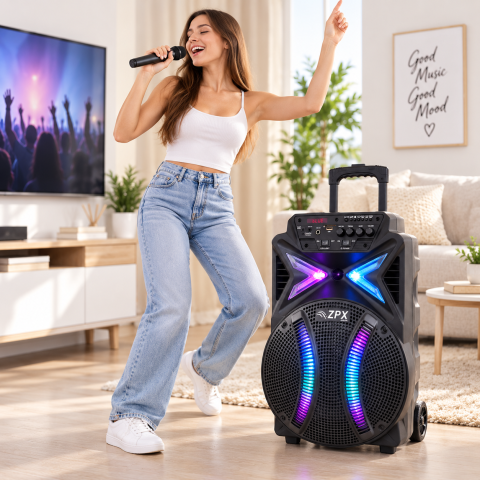 Портативна акустична система ZPX ZX-7780 12" Bluetooth, USB, TF/SD, FM Переносна акумуляторна колонка з RGB LED-підсвіткою + мікрофон і пульт — 2