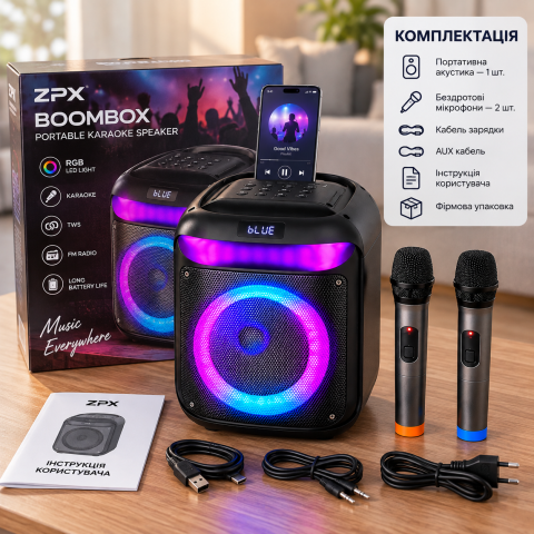 Портативна караоке-колонка 8" з 2 мікрофонами / Бездротова колонка з RGB-підсвічуванням Bluetooth TWS 25 Вт — 4