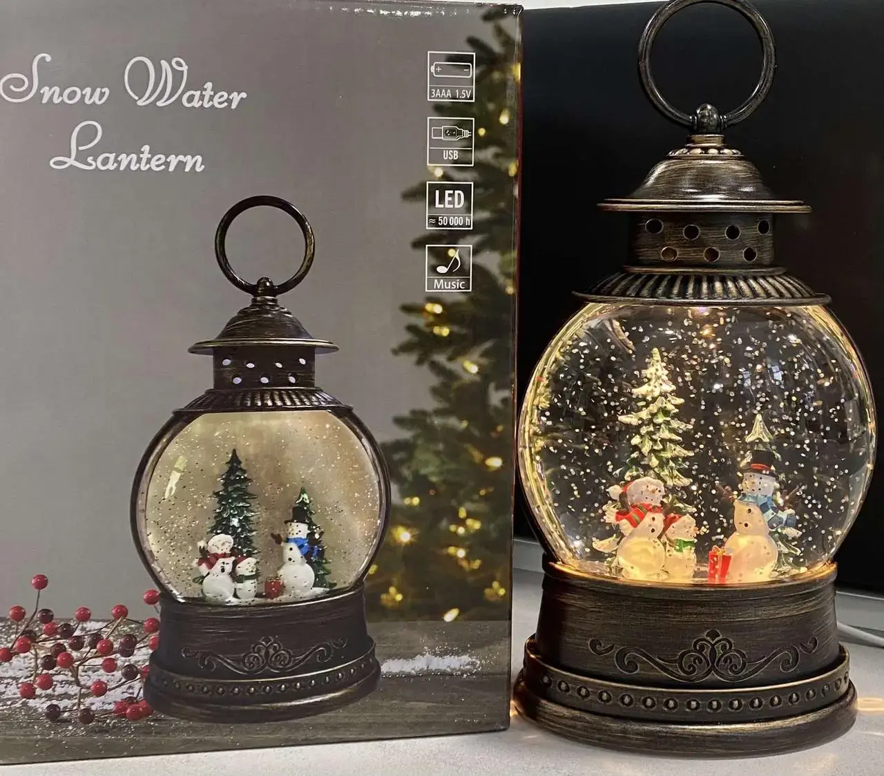 Новорічний вінтажний світильник-ліхтар WDL-2103C/ 10084 висотою 7,5 см з атмосферним підсвічуванням Сніговик