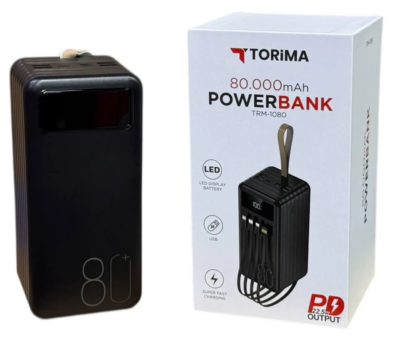 Повербанк Torima TRM-1080 22,5W / 80000 mAh, з ліхтариком, 3 кабелі / Портативний акумулятор / УМБ Power Bank