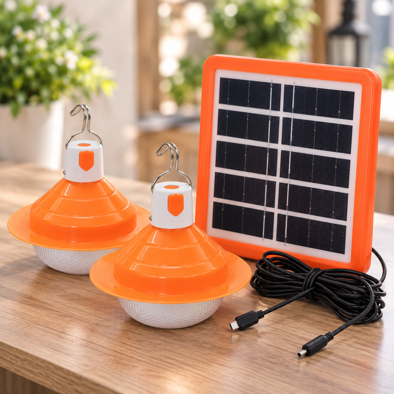 Ліхтар Solar дві лампи від сонячної панелі / Комплект освітлення сонячна панель та 2 LED лампочки / Кемпінгова лампа прожектор